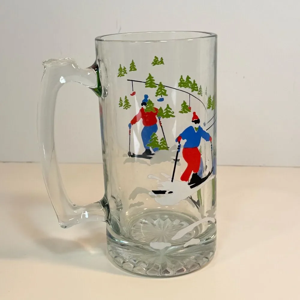 Vintage Ashby Ski Beer Mug Glass Skiers Chairlift Winter Barware